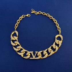 Valentino Gold Oval Letter Logo Cuban Chain Necklace