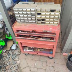 Old Rolling Tool Box With Tools And 4 Nut Organizers 
