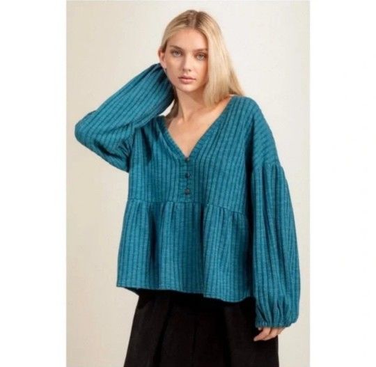 NEW Boutique Teal babydoll puff long sleeve rib top Sz L