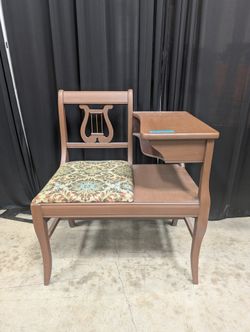 Brown Wood Lyre-Back Telephone Bench with Upholstered Seat