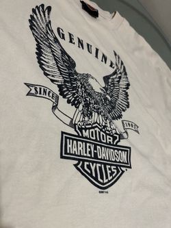 HARLEY DAVIDSON 2007 VINTAGE “HAYS, KANSAS” EAGLE SHIELD & BARS ARM BANDED LONG SLEEVE DOUBLE SIDED T SHIRT  IN OFF WHITE SIZE(XL)  USED 
