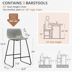 Faux Leather Barstools, Bar Stools, Modern Counter Height Stools with Back and Metal Legs, Armless Counter Chairs