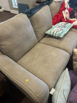 Brand New Grey Leather Couch, Like New Brown Leather Chair