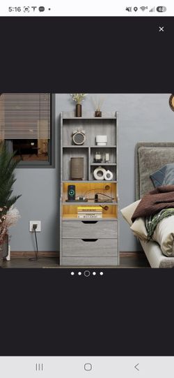 Two Gray 2 Drawer Nightstands with Charging Station and LED Lights