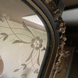 Antique 3-Panel Tri-Mirror Etched Old Wood Wall Mantle