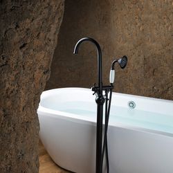 SITES Solid Brass Freestanding Bathtub Faucet, Bathroom Floor Mount Tub Filler,  Dual Function Double Cross Handles With Ceramic Hand Shower, Matte Bl