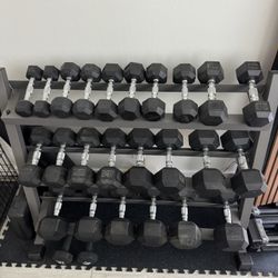 FULL DUMBBELL SET 5–50 LBS + RACK + ADJUSTABLE DUMBBELLS + BENCH