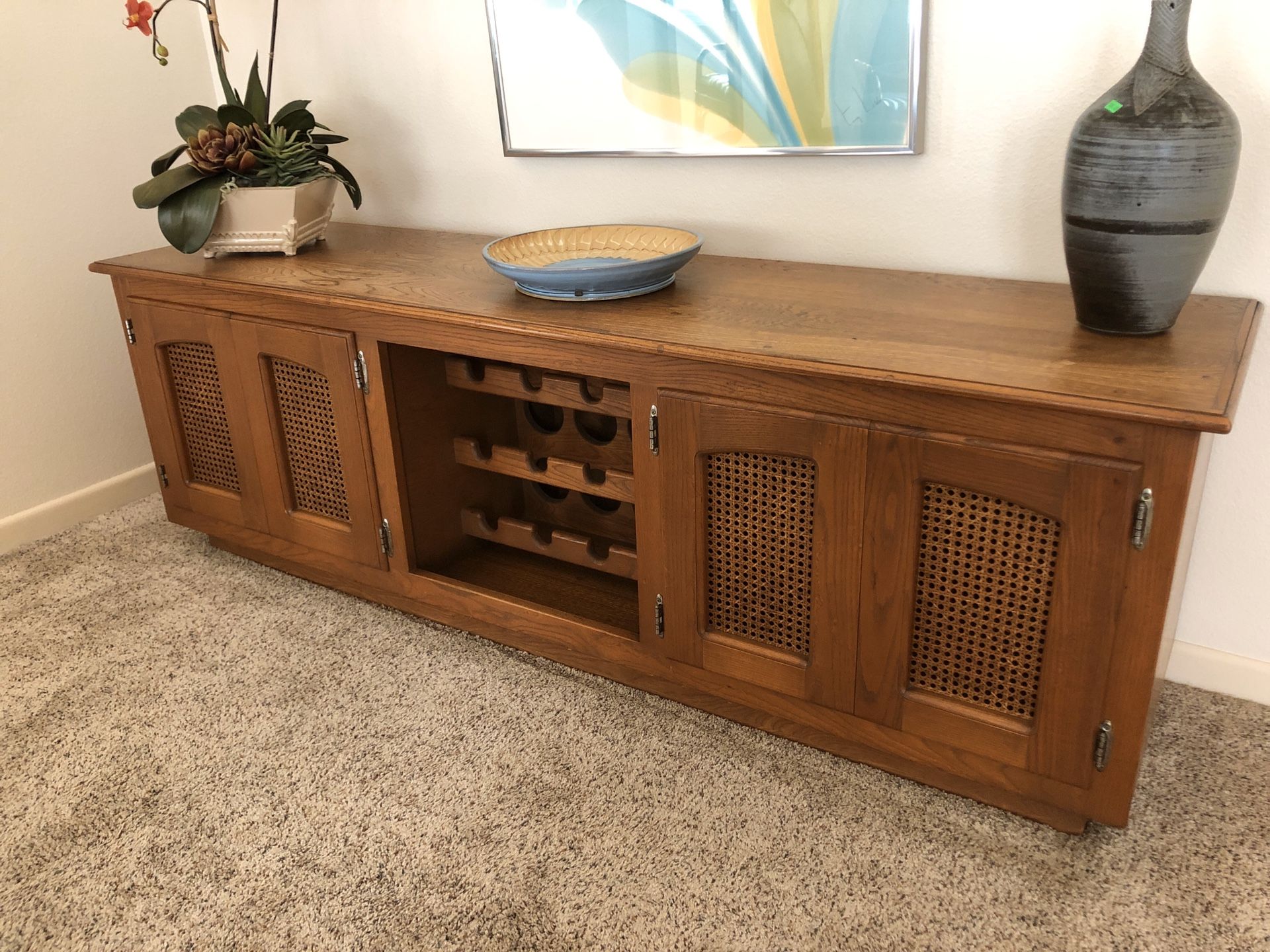 Custom made old growth teak table/wine rack / cabinet . 72x19/24 pick up in Huntington Beach asking $450 make offers this piece is in great condition