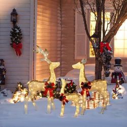 49 in. Lighted White and Gold Glitter Deer Family Set, Indoor/Outdoor Christmas Decoration,HD2598