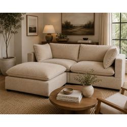 Albany Park Kova Pillow Cushion Sofa + Ottoman | Fawn Performance Bouclé | 86” Delivery Available