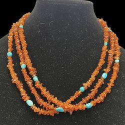 VINTAGE AMBER & TURQUOISE STERLING SILVER NECKLACE