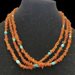 VINTAGE AMBER & TURQUOISE STERLING SILVER NECKLACE