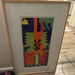 Large Abstract Glass And Wood Frame Art 