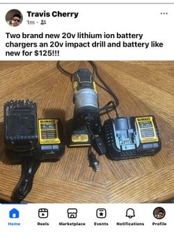 Two brand new 12/20 volt lithium ion chargers and a used like bed 20v lithium ion impact drill and battery!