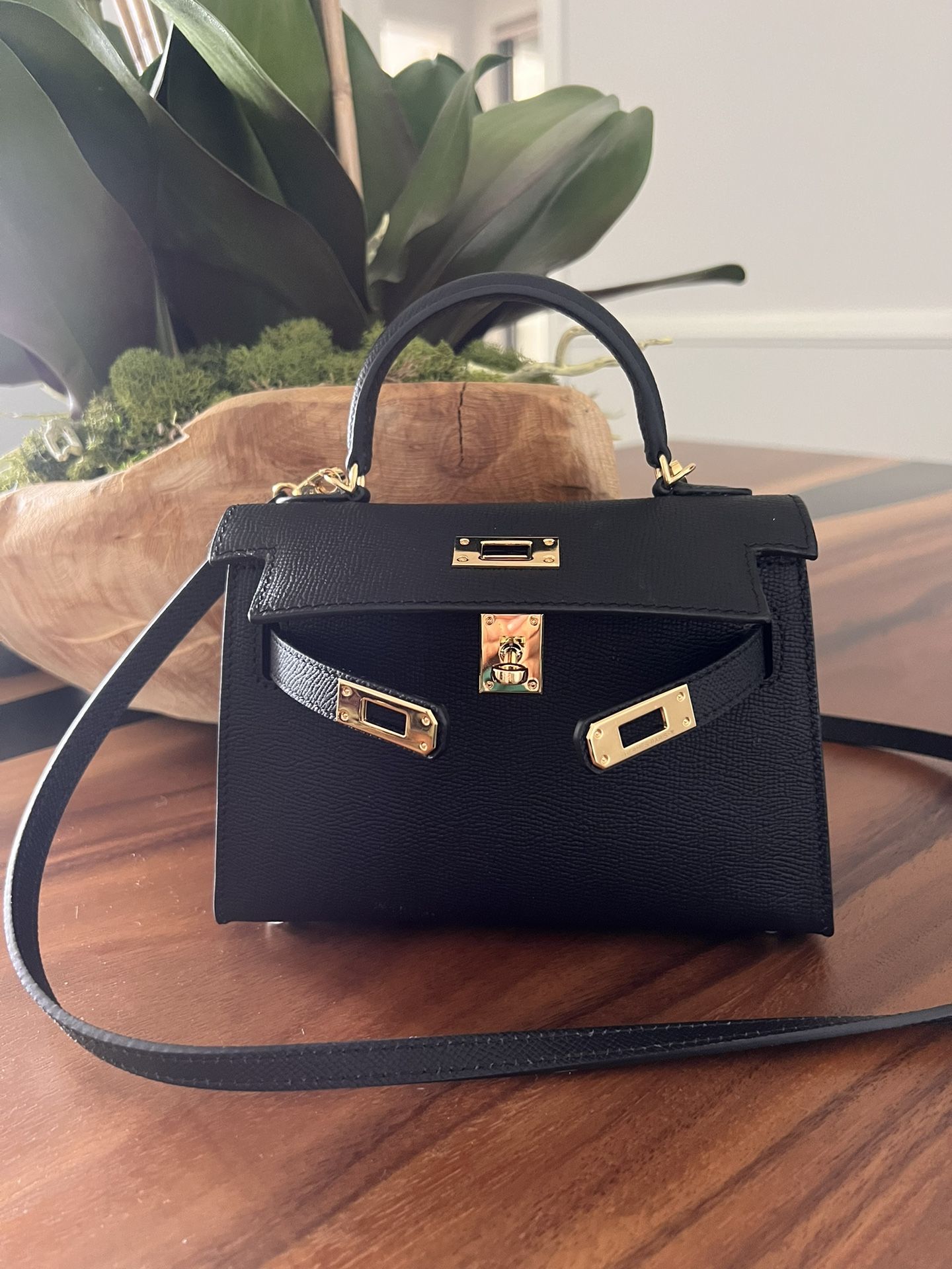 Hermes Mini Kelly Black Purse Crossbody Handbag