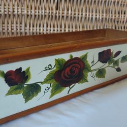 WOOD PAINTED ROSES FLOWER POT BOX VTG