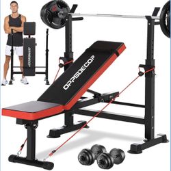 OPPSDECOR 6 in 1 900lbs Weight Bench with Leg Extension and Leg Curl, Foldable Bench Press Set and Squat Barbell Rack with Preacher Curl, Adjustable W