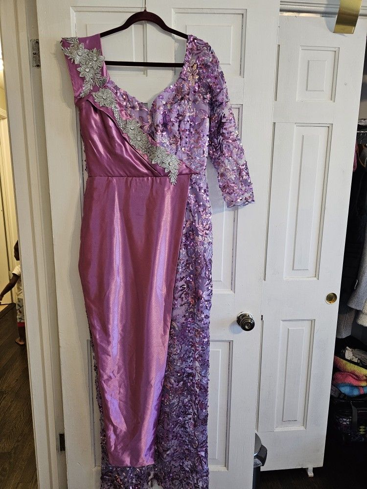 Stunning Purple Sequin and Satin Gown
