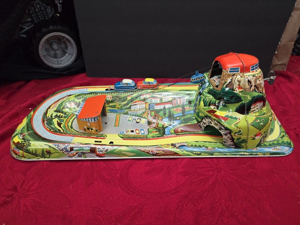 Vintage Technofix Tin Litho Wind Up Toy- cars and Mountain WORKING - West Germany Toy - HTF