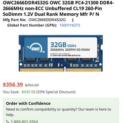 OWC2666DDR4S32G OWC 32GB PC4-21300 DDR4-2666MHz non-ECC Unbuffered CL19 260-Pin SoDimm 1.2V Dual Rank Memory