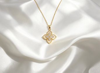 Gold Flower Pendant Necklace with Pavé Stones