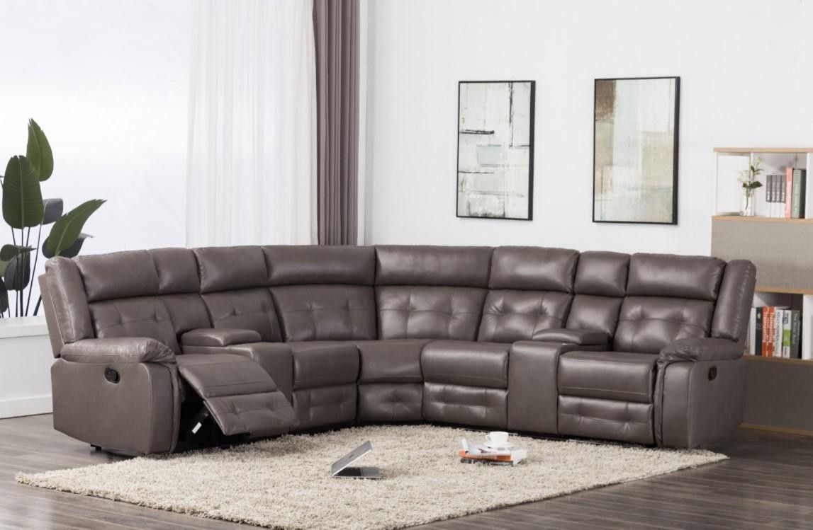 Brand New Gray Leather Reclining Sectional With Storage Compartments & Built In Cup Holders