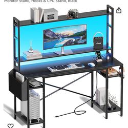 Huuger 55 inch Computer Desk with Adjustable Shelves, Gaming Desk with LED Lights & Power Outlets, Home Office Desk with Mo