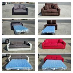 Brand NEW 7ft sofa SLEEPER/5ft Loveseat With Sleeper,  Charcoal, Cinnabar ,charcoal Combo, Brown  Fabric  With  Queen size Mattress .