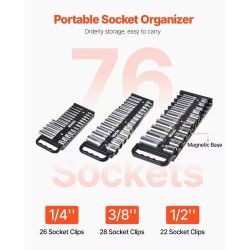 Portable Socket Organizer Tray, 3-Piece Metric & SAE Socket Organizer Set, 1/4'', 3/8'' and 1/2'' Heavy-Duty Socket Holder with Handle & Magnetic Base