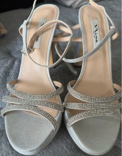 Silver dress block heels size 11W