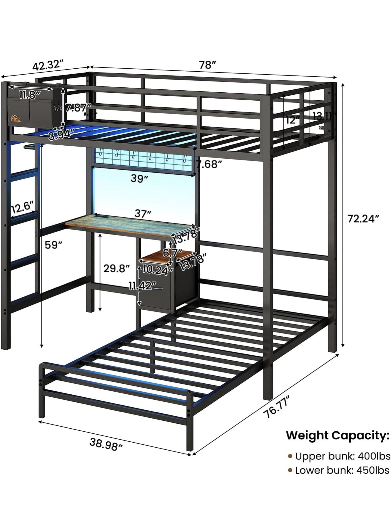 (Twin) Bunk Bed Frame with Desk,Led Lights and Charging Station