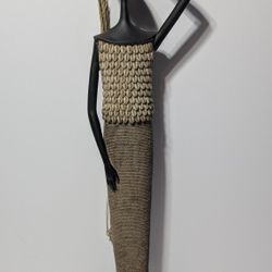 24" Resin African Tribal Woman Statue With Cowrie Shells and Rope Skirt

