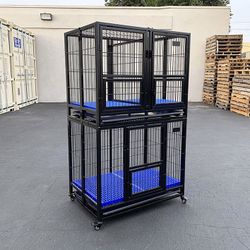 (NEW) $250 (Set of 2) Stackable Dog Cage 37x25x64” Heavy Duty Folding Kennel w/ Plastic Tray 