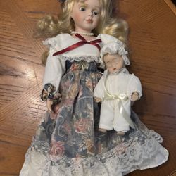 Baby's Dream Porcelain Doll 16” Mother and 7” Baby and Doll Stand 