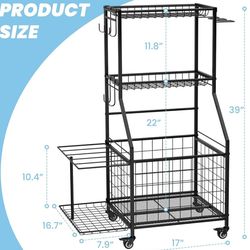 WUC Sports Equipment Organizer, Garage Ball Storage Rack with Basket & Hooks, Heavy Duty Rolling Ball Carts with Wheels for Toy Sports Gear Storage, B