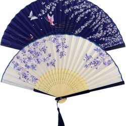 Bantoye 2 Pieces Handheld Fans, Silk Folding Fans with Bamboo Frames