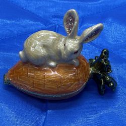 Vintage Rabbit Carrot Trinket Box Enamel Rhinestone Bunny Hinged Box