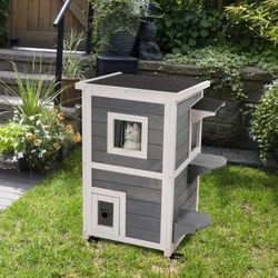 Outdoor Cat House with Escape Door, Weatherproof 2-Story Wooden Feral Cat Shelter with Opening Asphalt Roof, Dark Gray