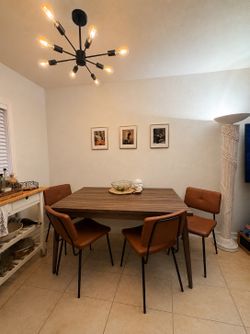 Mid-Century Solid Wood Dining Table & 4 Camel Upholstered Chairs