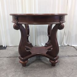 Traditional Brown Wood Round End Table with Glass Top