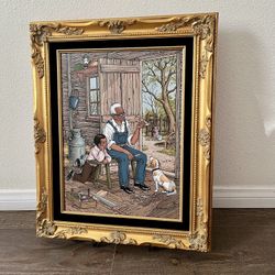 Framed Art Print Title Granpa Carving Wood Boat by Artist C. Carson 17/21 