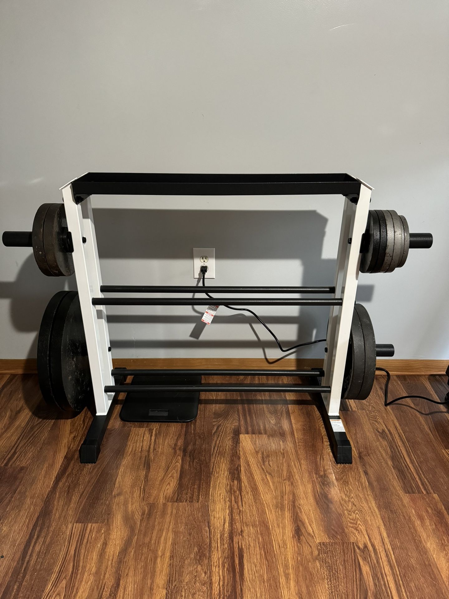 Competitor 1600 flat bench with bar, weights, and weight stand