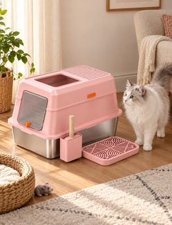 Brand New Stainless Steel Enclosed Cat Litter Box – Litter Trapping Design