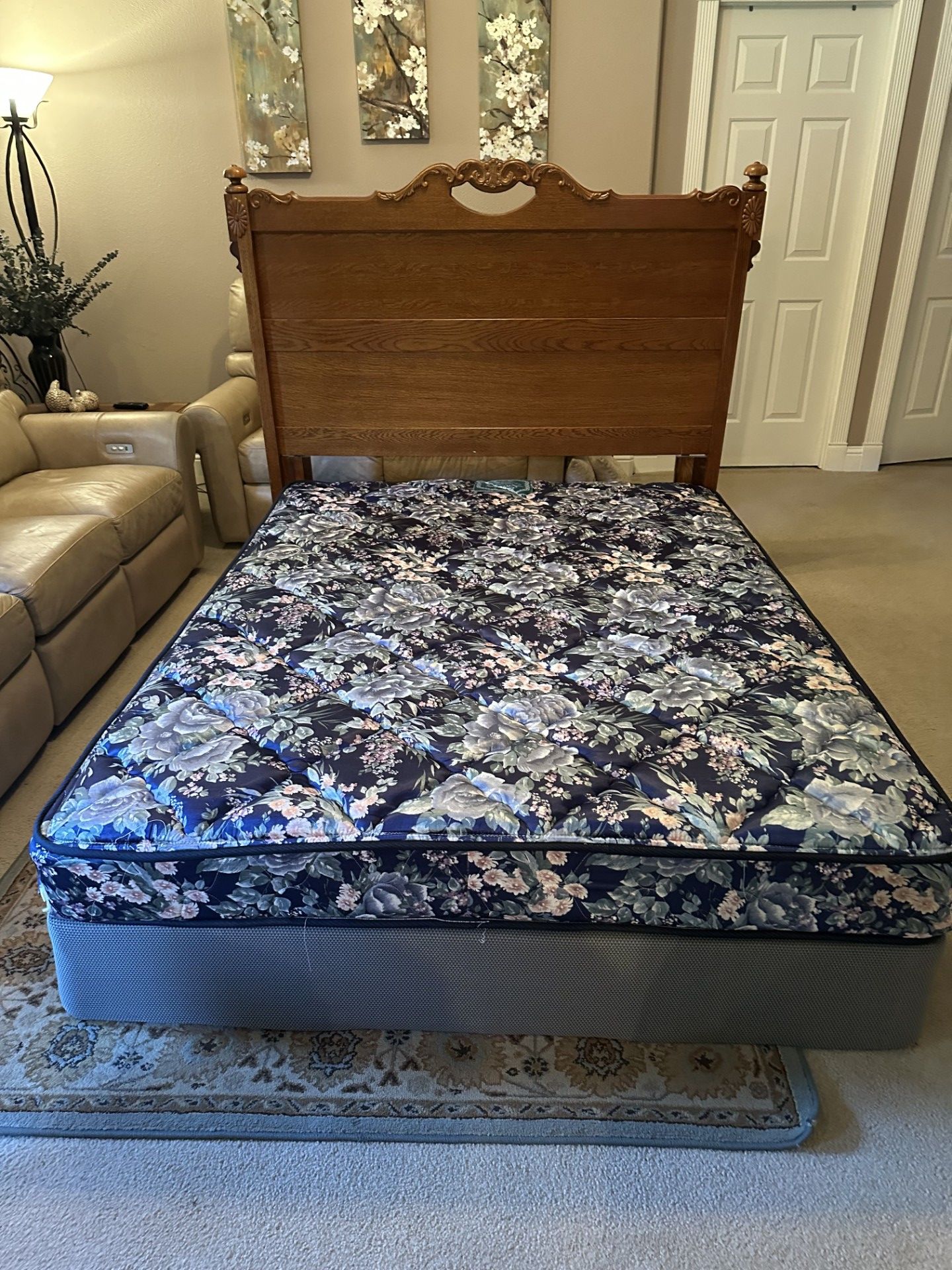 Oak headboard and queen matress with box spring