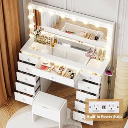 Vanity with Lighted Mirror - Makeup Vanity Desk with Glass Top and 11 Drawers, 3 Color Lighting Modes Adjustable Brightness, 46" Vanity Table with Sof