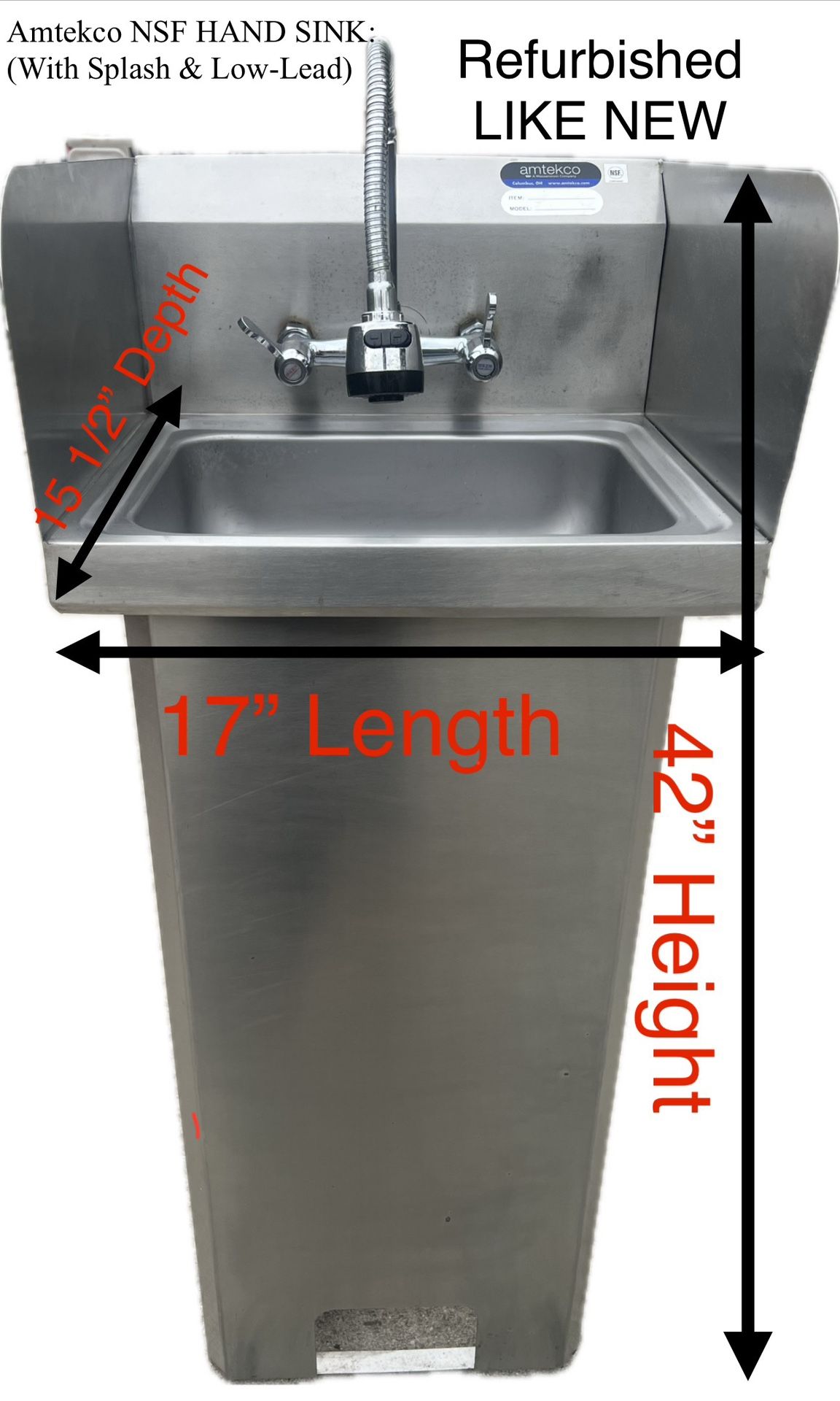CLEARANCE Amtekco NSF HAND SINK: (With Splash Guard & pedestal Base) Stainless Steel. 