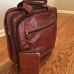 Argentine Leather Wheeled Laptop Briefcase & Leather Biz Card Holder