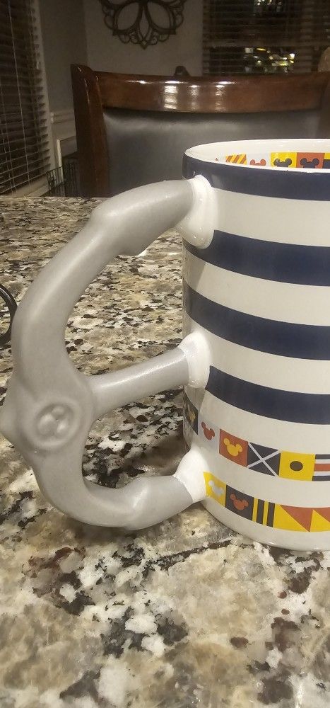 New  Disney Mickey Nautical Anchor World Flags Blue White Striped Coffee Mug 20oz