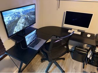 L-Shaped Home Office / Gaming Desk with Monitor Stand