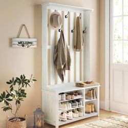 Hall Tree with Bench and Shoe Storage, Coat Rack with Shoe Bench, 7 Double Hooks for Jackets, Hats, Entryway, Bedroom, Living Room, 13.8 x